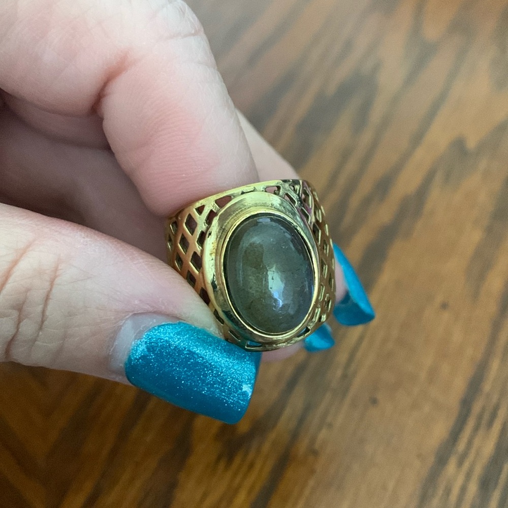 Genuine Labradorite Stone Adjustable Gold-Tone Statement Ring